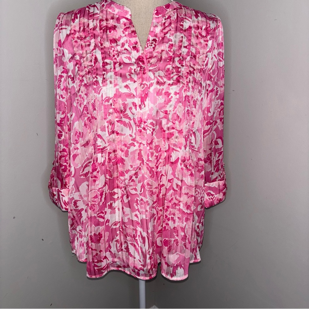 Kim Rogers hot pink & white floral sheer overlay 3/4 sleeve blouse size Large